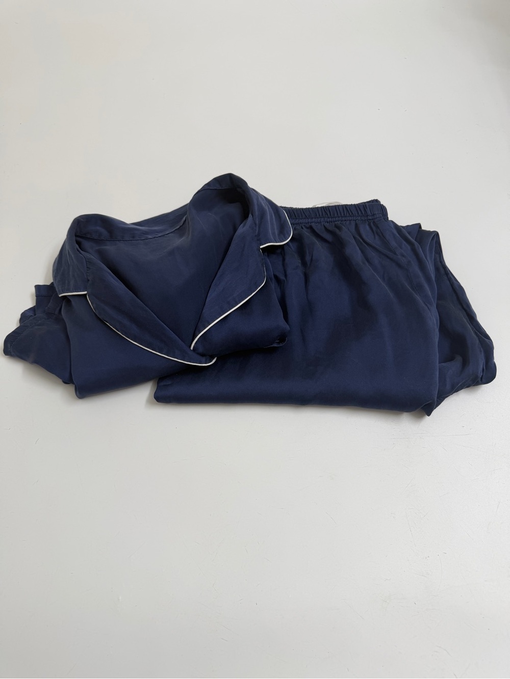 SILKSILKY 100% Silk Pajama Set Large Navy Ivory Piping Luxury Sleepwear